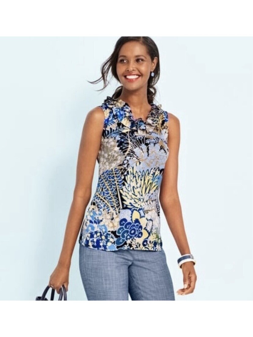 TALBOTS Sleeveless Crepe Floral Blouse with Ruffle Trim In Multi-Petite Large